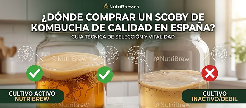 Comparación visual de scoby kombucha activo y saludable NutriBrew vs scoby débil en España
