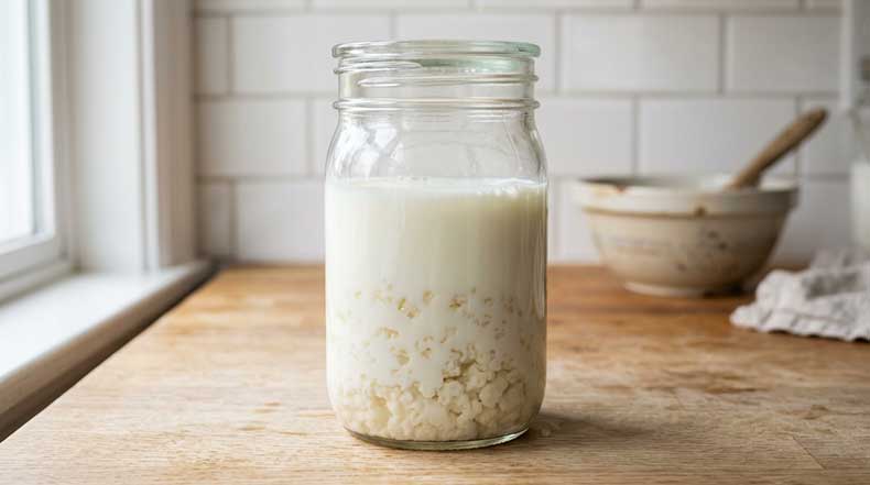 Tarro de cristal transparente con leche entera blanca fresca y nódulos de kéfir de leche blancos con textura de coliflor visibles en el interior, sobre una encimera de madera clara con azulejos blancos de fondo, ilustrando el cuidado correcto de los nódulos sin lavarlos con agua del grifo