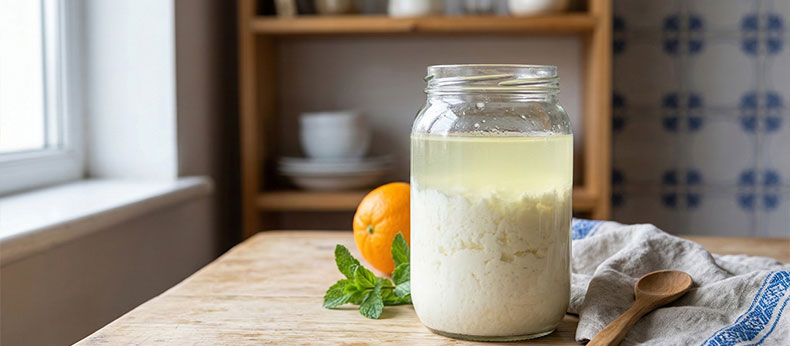Primer plano de un tarro de cristal con kéfir separado en suero y leche, ejemplo de error común de fermentación por sobrefermentación o temperatura incorrecta.