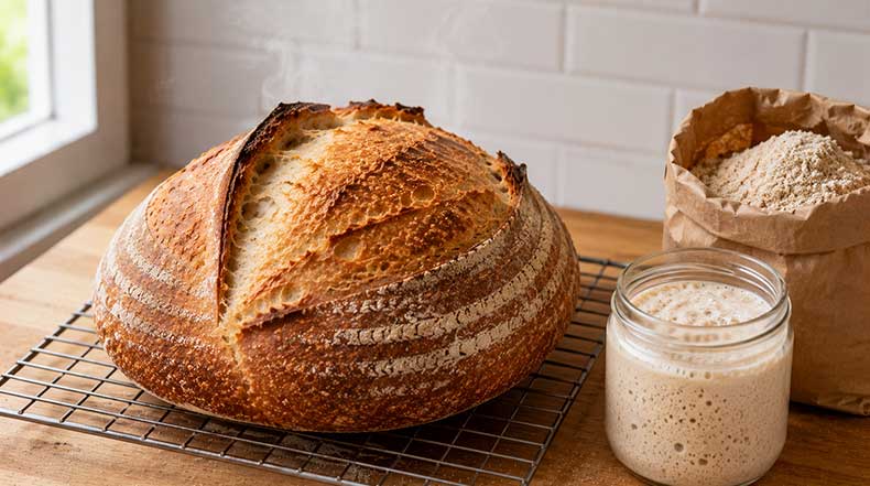 Hogaza de pan de masa madre recién horneada enfriándose en rejilla junto a frasco de cultivo activo y harina integral