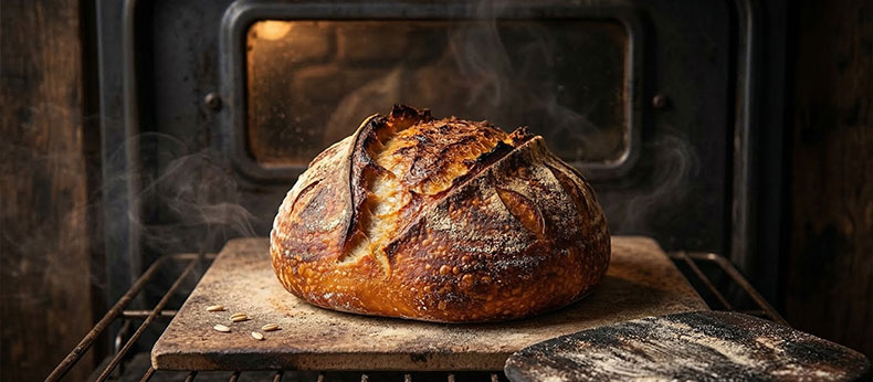 Una hogaza rústica de masa madre recién horneada humeando sobre una piedra de hornear dentro de un horno oscuro de aspecto antiguo.