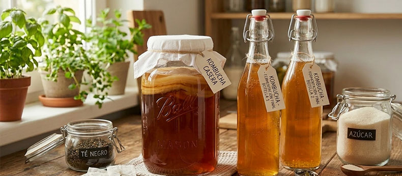 Un frasco Mason con un SCOBY de kombucha activo, junto a dos botellas swing-top de cristal, bolsas de té negro y un bote de azúcar sobre una mesa de madera, representando los ingredientes necesarios para hacer kombucha en casa.