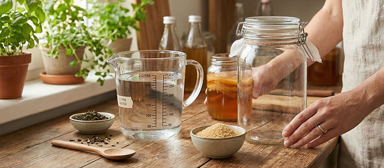 Bodegón en una cocina con los elementos necesarios para hacer kombucha: una jarra medidora con 2 litros de agua, un cuenco con té en hojas, azúcar orgánica, un frasco de vidrio vacío y un SCOBY activo en su líquido iniciador.