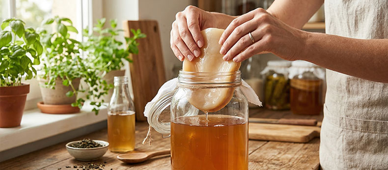 Primer plano de unas manos colocando con cuidado un SCOBY fresco y saludable en un frasco de cristal con té, iniciando el proceso de fermentación de kombucha casera en una cocina luminosa.