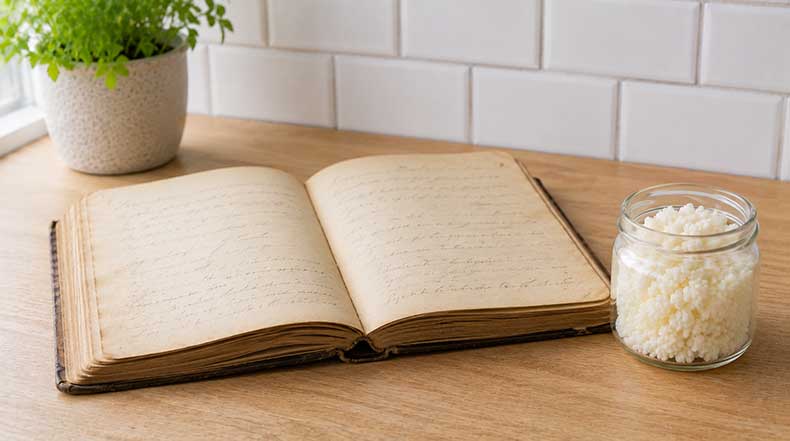 Cuaderno antiguo abierto con páginas envejecidas junto a tarro de nódulos de kéfir de leche sobre encimera de madera