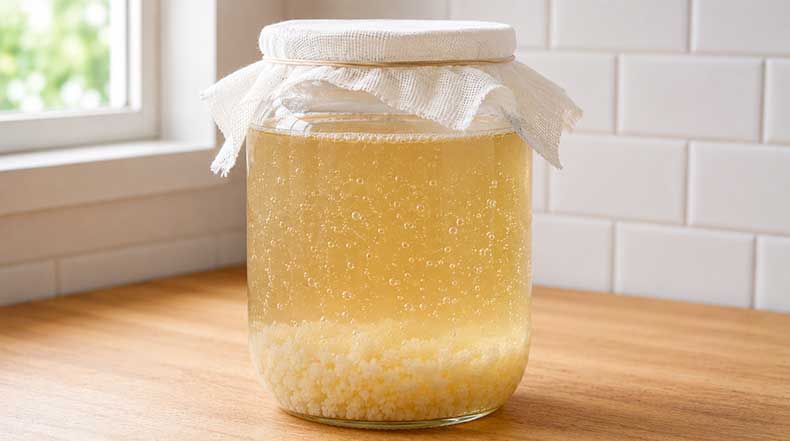 Frasco de kéfir de agua en fermentación activa con burbujas visibles y nódulos vivos en el fondo del tarro