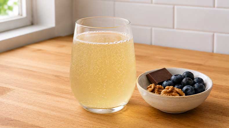 Vaso de kéfir de agua con burbujas naturales junto a alimentos saludables para la salud intestinal y el eje intestino-cerebro