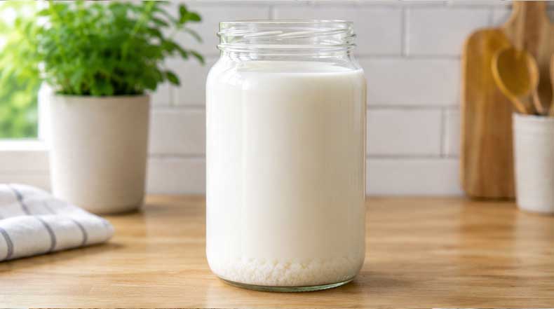 Tarro de cristal con leche entera y pequeños grumos blancos visibles en el fondo sobre encimera de madera clara