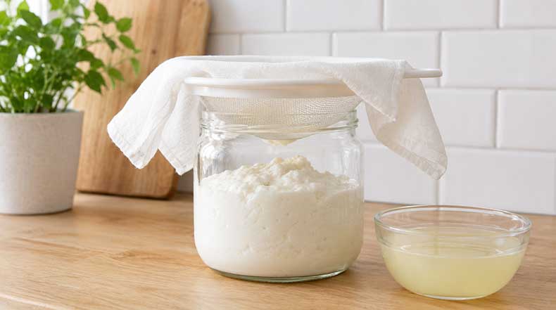 Tarro de kéfir de leche blanco espeso colándose con tela sobre colador, sobre encimera de madera y azulejos blancos