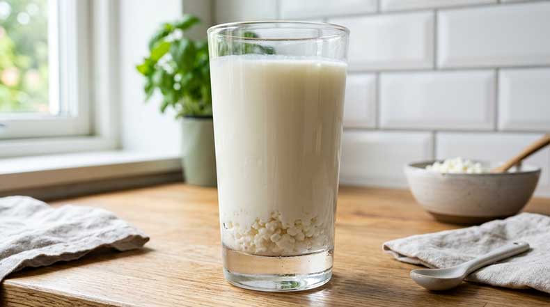 Vaso alto con kéfir de leche blanco cremoso y nódulos visibles en el fondo, sobre encimera de madera clara con azulejos blancos