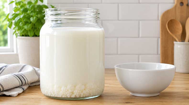 Tarro de cristal con nódulos de kéfir de leche blancos en leche fresca junto a cuenco blanco sobre encimera clara