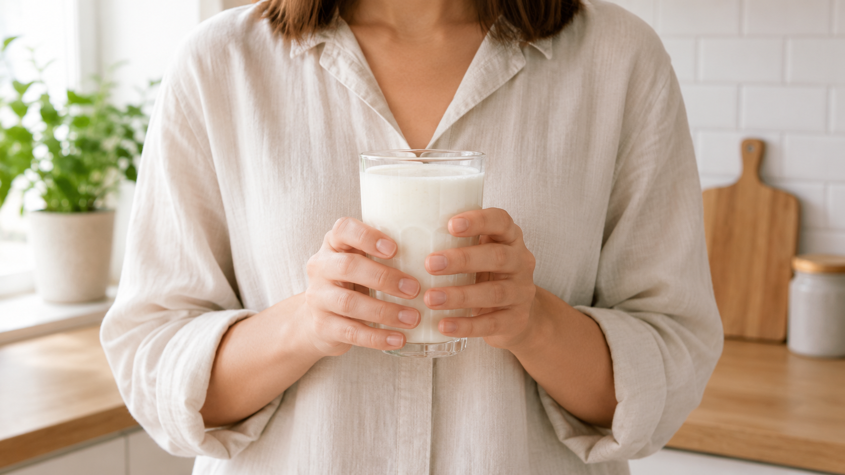 Persona sosteniendo un vaso de kéfir de leche blanco cremoso en una cocina luminosa con encimera de madera y azulejos blancos