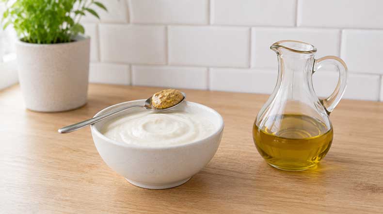 Cuenco de cerámica blanca con salsa cremosa de kéfir y mostaza Dijon junto a un jarrito de aceite de oliva