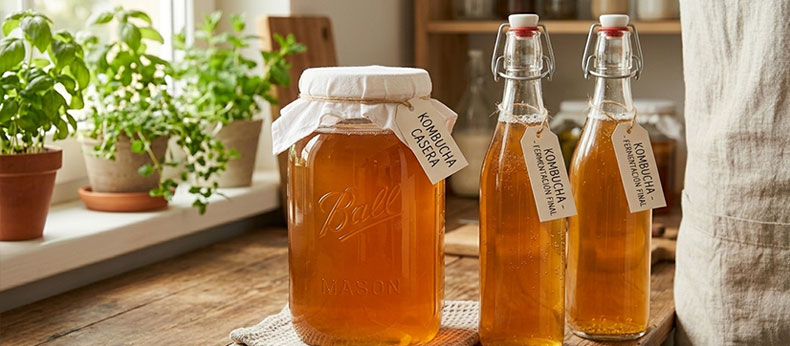 Un frasco Mason con kombucha fermentada junto a dos botellas de cristal con cierre hermético (swing top) llenas de kombucha lista para la segunda fermentación, sobre una encimera de cocina de madera.