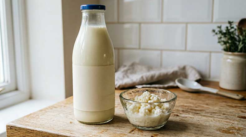 Botella de cristal de leche entera fresca junto a un cuenco de cristal pequeño con nódulos de kéfir de leche blancos en forma de coliflor, sobre una encimera de madera clara con azulejos blancos de fondo, mostrando la combinación correcta para evitar el error de usar leche desnatada o UHT