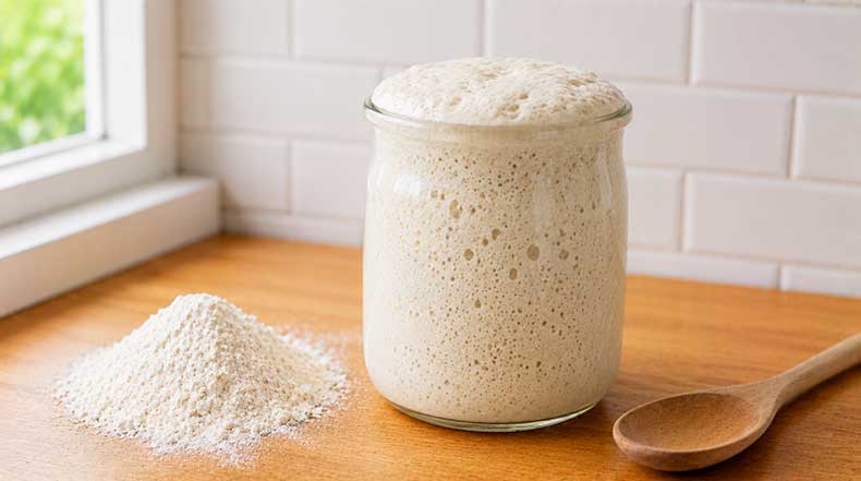 Frasco de masa madre líquida activa en su punto máximo de fermentación con burbujas visibles lista para hacer pan