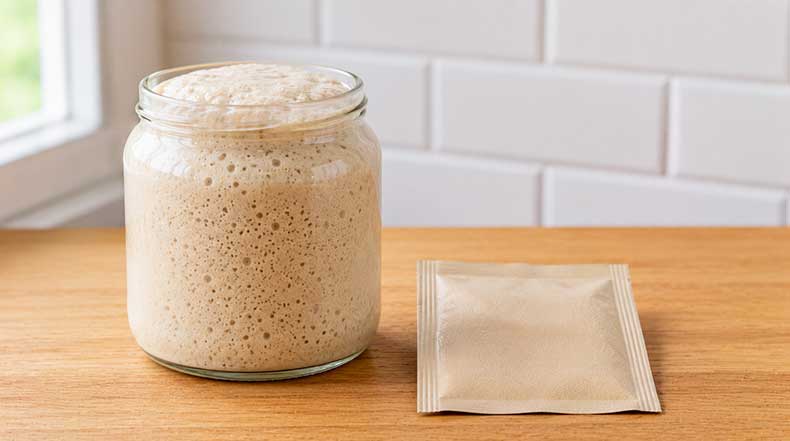 Comparación entre masa madre líquida activa y levadura comercial seca mostrando la diferencia entre fermentación natural e industrial