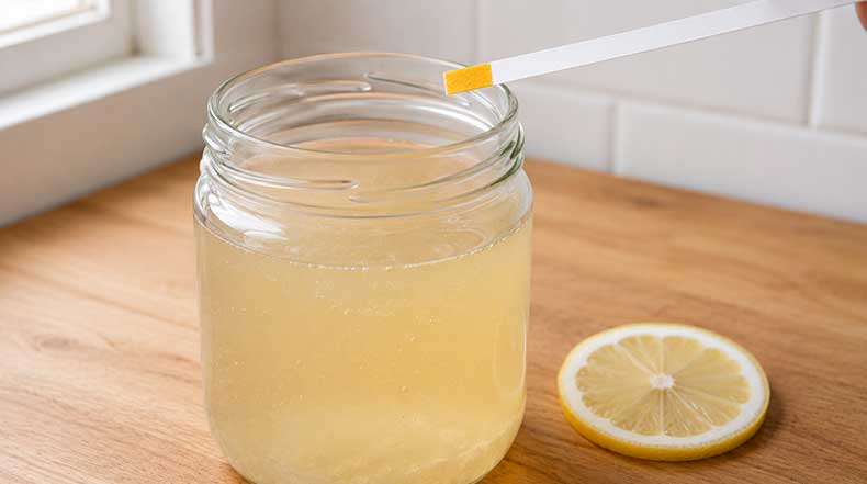 Medición del pH del kéfir de agua con tiras reactivas mostrando acidez correcta durante la fermentación casera