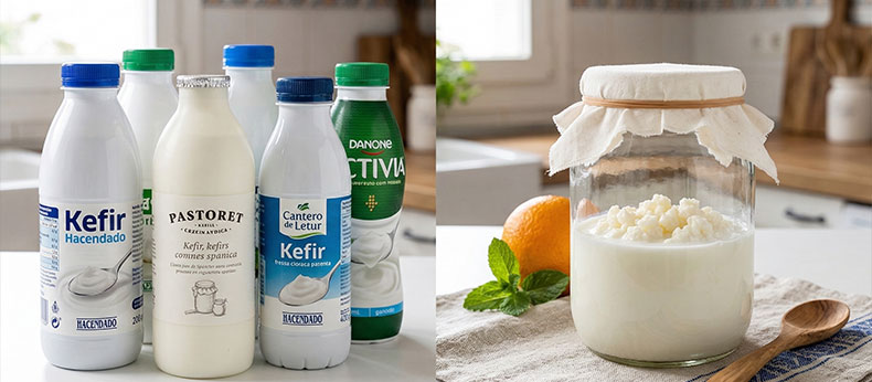 Comparativa visual de las mejores marcas de kéfir de supermercado frente a un tarro de kéfir casero NutriBrew con nódulos frescos en una cocina rústica española.