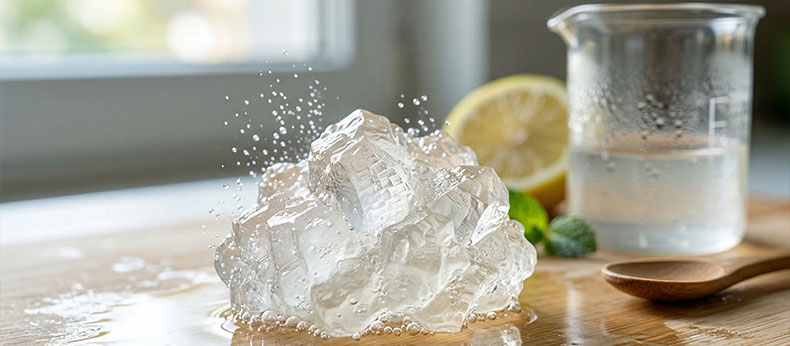 Macrofotografía de un nódulo cristalino de kéfir de agua NutriBrew con halo de burbujas, ilustrando la simbiosis y vitalidad terapéutica.