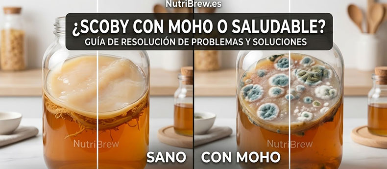 Comparación de scoby kombucha saludable vs scoby con moho en frasco de vidrio NutriBrew.