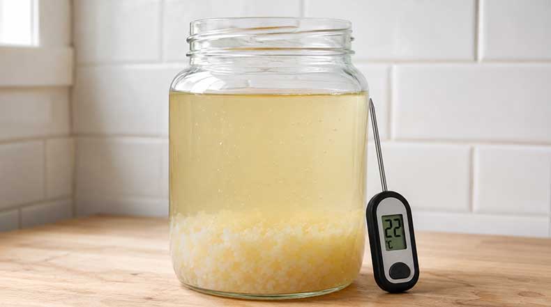 Nódulos de kéfir de agua en frasco de vidrio con termómetro digital mostrando 22°C durante fermentación controlada