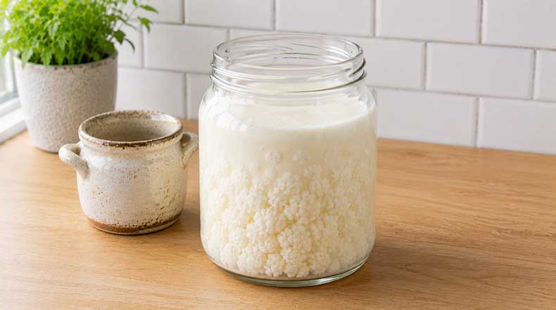 Tarro de cristal con nódulos de kéfir de leche blancos en leche fresca junto a tarro cerámico vintage sobre encimera clara