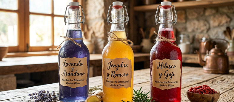 Tres botellas de kombucha casera de NutriBrew mostrando las infusiones de Lavanda, Jengibre y Hibisco, listos para la segunda fermentación con ingredientes botánicos frescos y etiquetas rústicas de papel.
