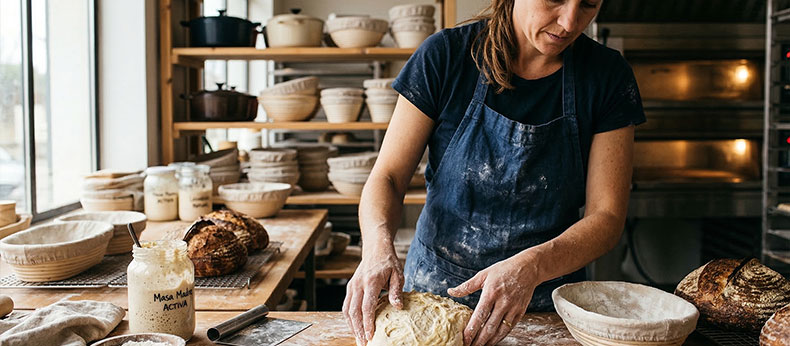 Una panadera profesional con un delantal azul amasa masa en una encimera de madera llena de harina. Al lado hay un frasco de masa madre con la etiqueta 'Masa Madre Activa', panes horneados, cestas de fermentación y cuencos con ingredientes.