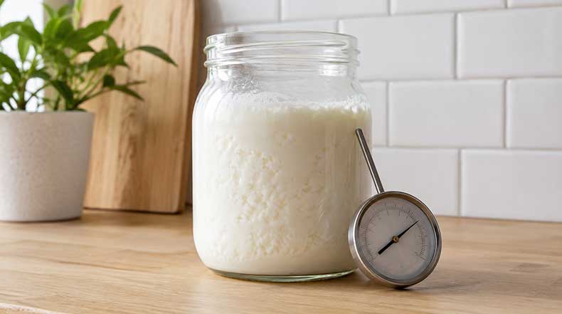 Tarro de kéfir de leche blanco fermentando con termómetro de cocina apoyado, sobre encimera de madera y azulejos blancos al fondo