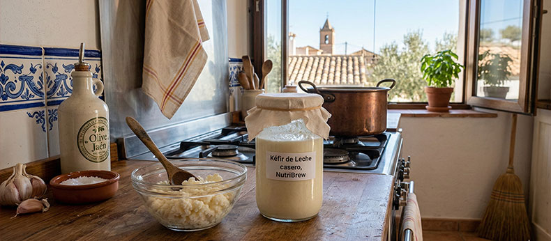 Primer plano de kéfir de leche casero y nódulos frescos sobre una mesa de madera, representando probióticos naturales para la salud intestinal.