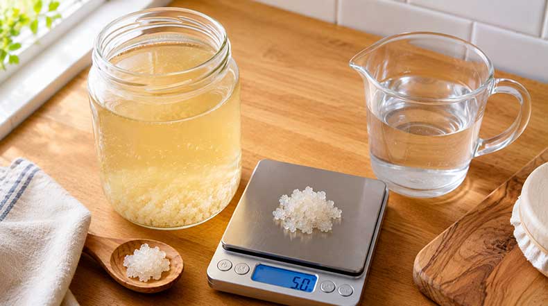Medición de 50 gramos de nódulos de kéfir de agua en báscula junto a 1 litro de agua para una fermentación óptima en casa