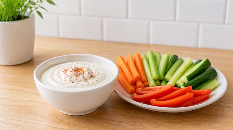 Cuenco blanco con salsa ranchera de kéfir con pimentón y palitos de verduras crudas al lado