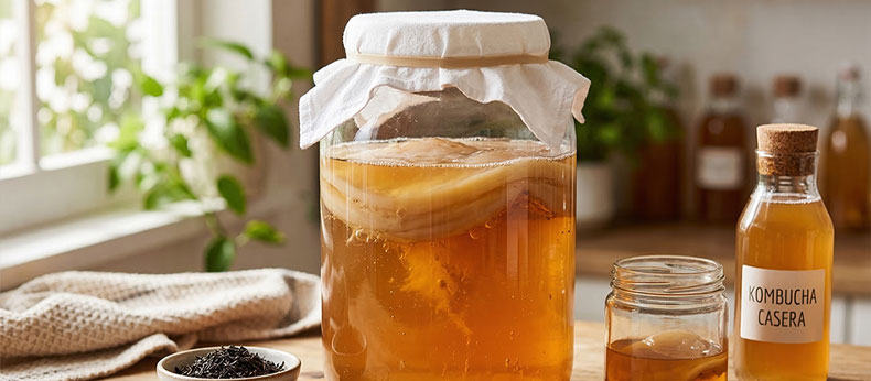 Un frasco de vidrio grande sobre una mesa de madera que muestra un SCOBY de kombucha saludable flotando en el té fermentado. A su lado hay hojas de té, azúcar y una botella etiquetada como 'Kombucha Casera