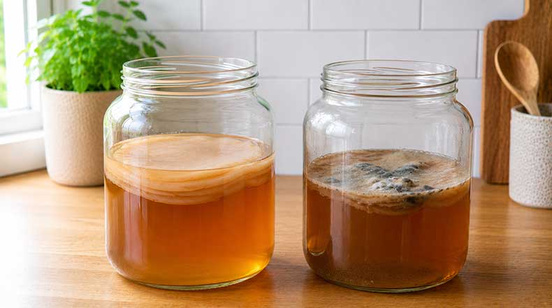 Comparación de un SCOBY de kombucha saludable frente a un SCOBY con moho en frascos de vidrio