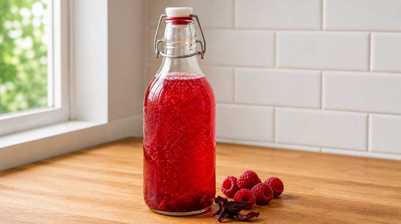 Botella de kéfir de agua saborizado con hibisco y frambuesa mostrando carbonatación natural y burbujas activas en el líquido