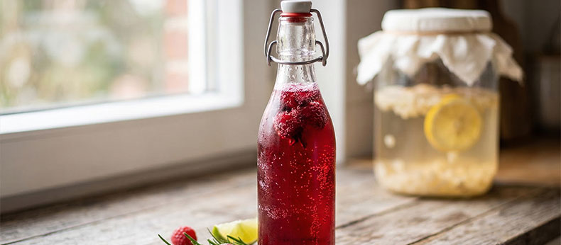 Botella de kéfir de agua saborizado (hibisco y frambuesa) con carbonatación natural y burbujas activas, listo para consumir