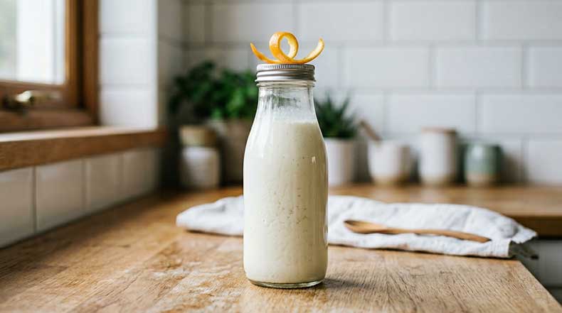 Botella de cristal cerrada herméticamente llena de kéfir de leche blanco y cremoso con una piel de naranja fresca apoyada sobre la tapa, sobre una encimera de madera clara con azulejos blancos de fondo, representando el proceso de segunda fermentación para conseguir un kéfir más suave y aromático