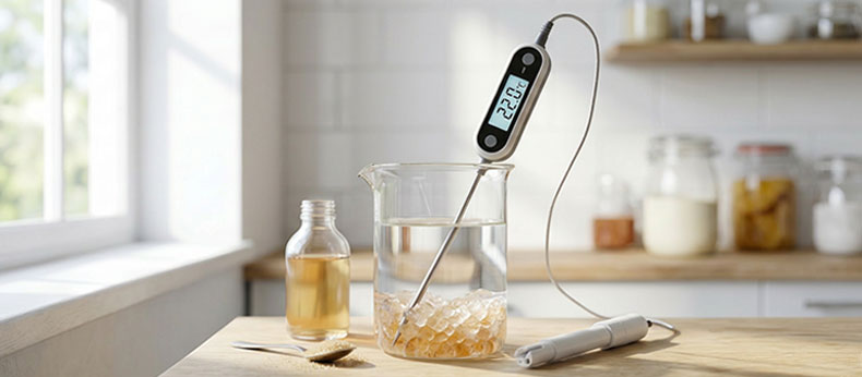Una copa de laboratorio con nódulos de kéfir de agua y un termómetro digital mostrando 22.0°C, ilustrando la optimización biológica y el control de fermentación pro.