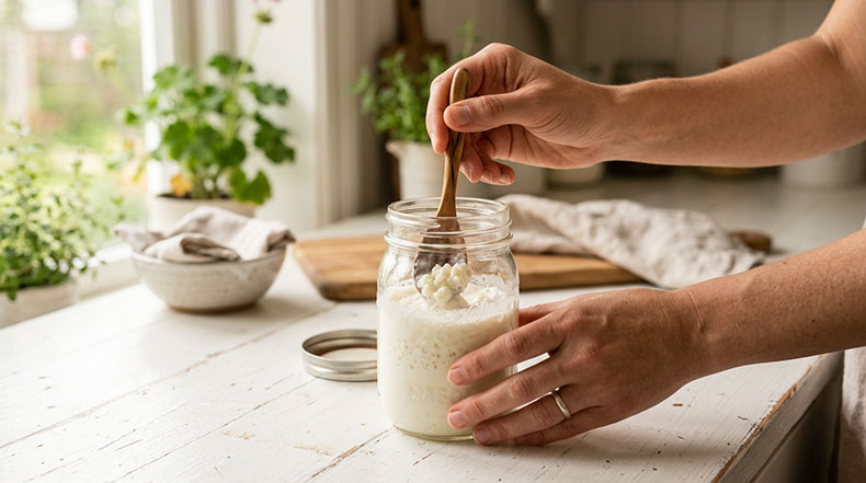Manos removiendo suavemente nódulos de kéfir de leche en un tarro de cristal durante el proceso de fermentación en frío paso a paso