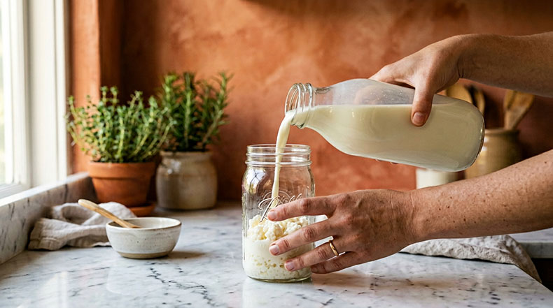 Manos vertiendo leche entera fresca desde una botella de cristal sobre nódulos de kéfir de leche en un tarro sobre una encimera de mármol blanco en una cocina rústica, mostrando la proporción correcta para fermentar kéfir desde cero