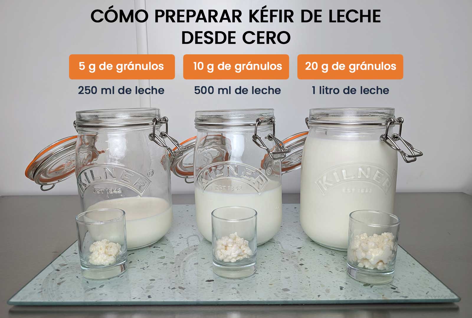 Preparación básica de kéfir de leche utilizando la proporción adecuada de gránulos y leche