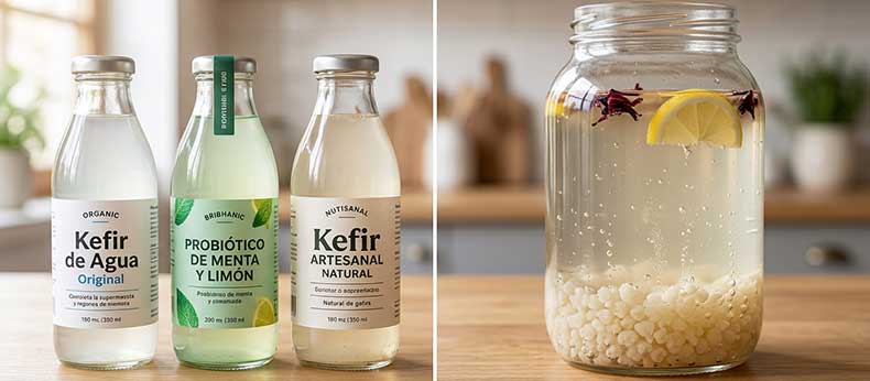 Comparativa de kéfir de agua: Botellas industriales de supermercado frente a jarra artesanal con nódulos de kéfir de agua vivos