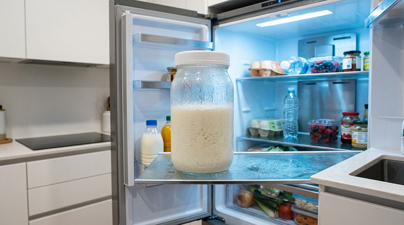 Tarro de kéfir de leche fermentando lentamente dentro de la nevera a la temperatura ideal de 4 a 5 grados para evitar la sobre-fermentación