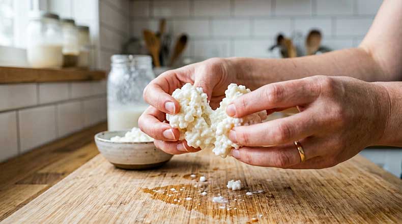 Dos manos separando con cuidado un nódulo de kéfir de leche blanco grande en forma de coliflor en dos piezas más pequeñas sobre una encimera de madera clara con azulejos blancos de fondo, mostrando la técnica de fraccionamiento de macro-granos para estimular el crecimiento y multiplicar los puntos de absorción de nutrientes
