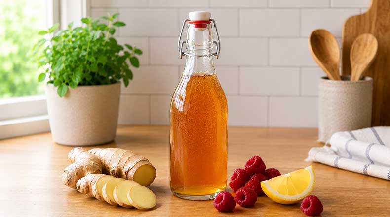 Frutas frescas como jengibre y frambuesas junto a una botella de kombucha para añadir azúcar natural y mejorar el gas