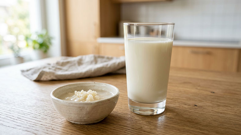 Pocos nódulos de kéfir de leche débiles en un cuenco pequeño junto a un vaso grande de leche, ilustrando el desequilibrio de proporción que provoca un kéfir demasiado líquido