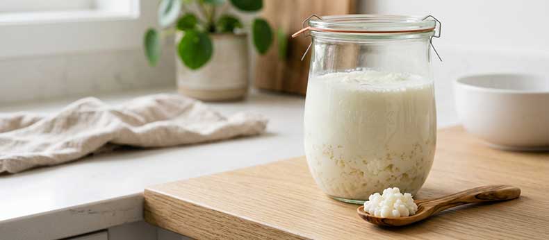 Cuidado tradicional del hongo del kéfir de leche en un tarro de cristal frente a nódulos vivos activos.