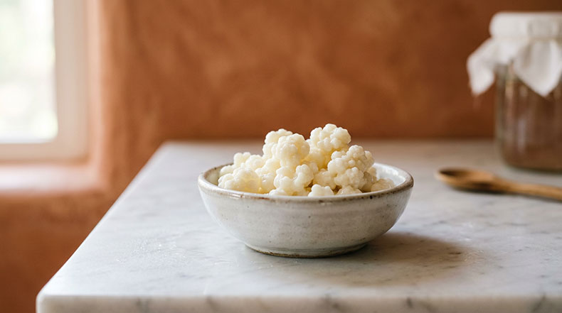 Primer plano de nódulos de kéfir de leche con textura de coliflor en un cuenco de cerámica sobre una encimera de mármol blanco en una cocina rústica española, mostrando el aspecto sano y activo del llamado hongo del kéfir