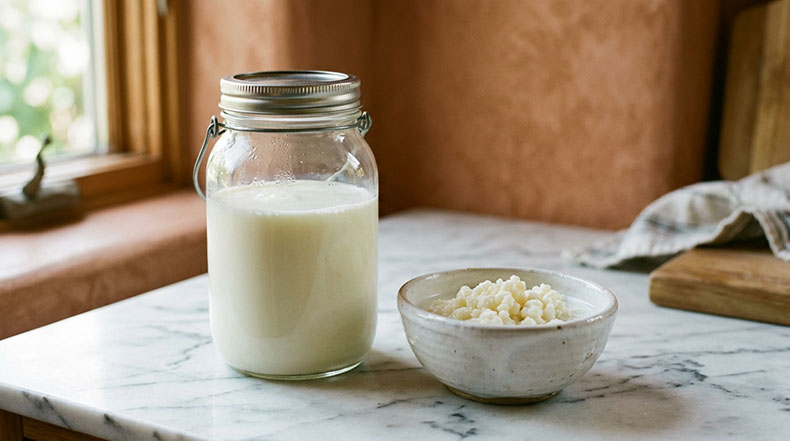 Tarro de leche entera fresca junto a un cuenco de cerámica con nódulos de kéfir de leche vivos sobre una encimera de mármol en una cocina española, representando la diferencia entre el hongo casero activo y el kéfir industrial de supermercado